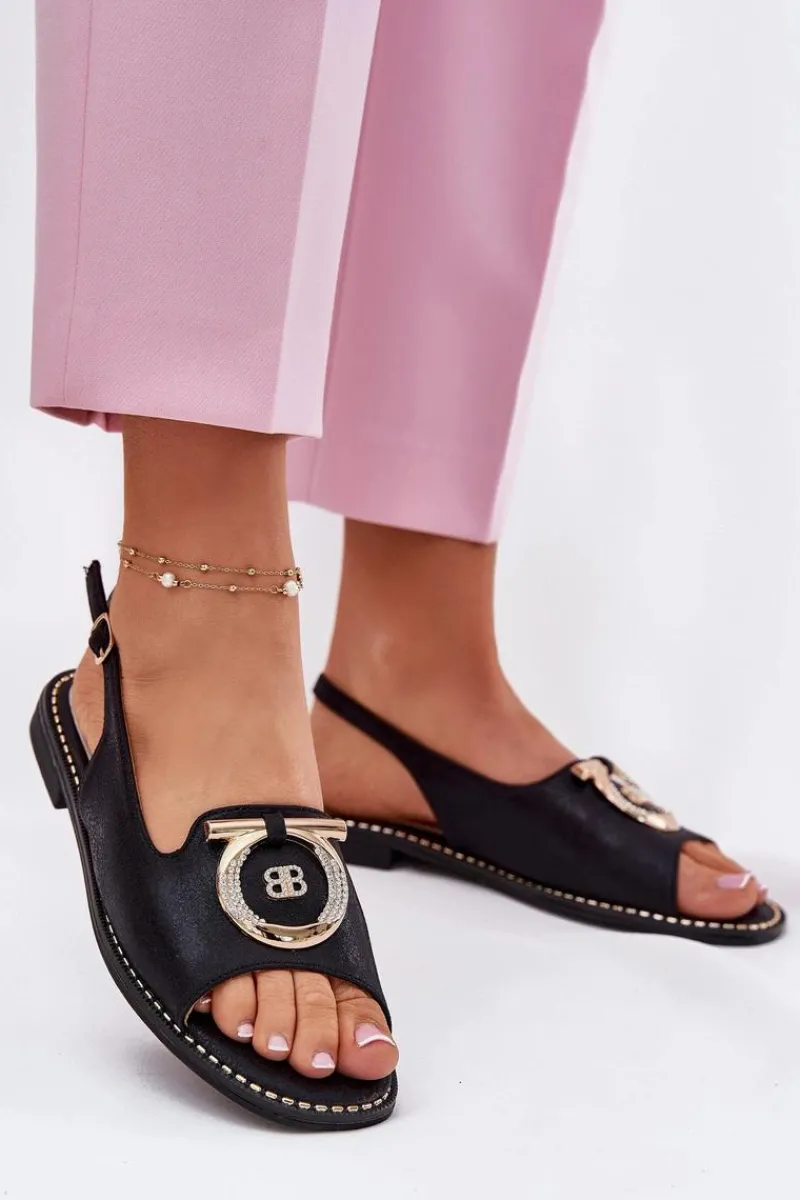 Outlet Eleganckie Sandały Z Ozdobą Na Płaskim Obcasie S.Barski KV51-003 Czarne Damskie Sandały Płaskie