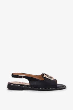 Outlet Eleganckie Sandały Z Ozdobą Na Płaskim Obcasie S.Barski KV51-003 Czarne Damskie Sandały Płaskie