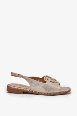 Sandały Płaskie></noscript>Damskie buty S.Barski Eleganckie Sandały Z Ozdobą Na Płaskim Obcasie S.Barski KV51-003 Złote Złoty