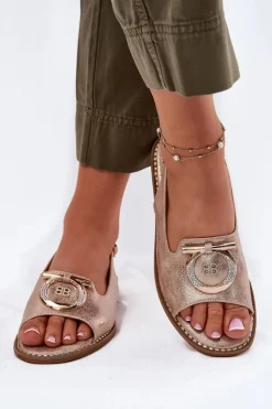 New Damskie buty S.Barski Eleganckie Sandały Z Ozdobą Na Płaskim Obcasie S.Barski KV51-003 Różowe Złoto Złoty