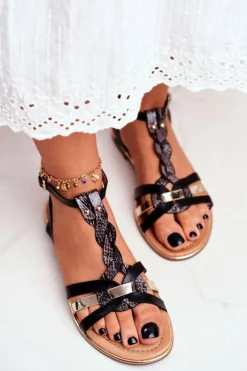 Sandały Płaskie>Boto Eleganckie Sandały Z Wężowym Wzorem Czarne Brooke