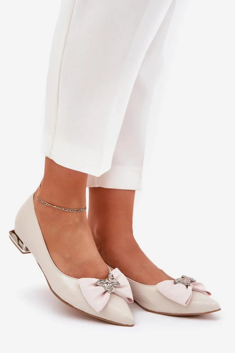 Best Laura Messi Eleganckie Skórzane Baleriny Damskie Z Kokardką 2893 Beżowe