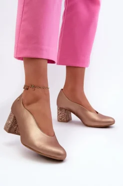 Czółenka Na Słupku|Czółenka Klasyczne>Maciejka Eleganckie Skórzane Czółenka Na Słupku 06422-25 Złote