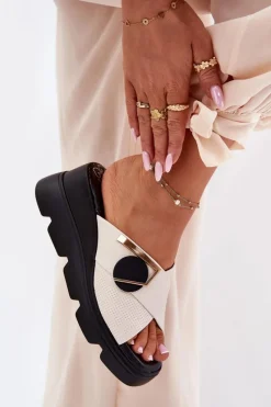 Best Eleganckie Skórzane Klapki Damskie Na Koturnie Z Ozdobą 56C1585 Beżowe Damskie Klapki Na Koturnie|Klapki Damskie Klasyczne