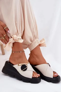 Best Eleganckie Skórzane Klapki Damskie Na Koturnie Z Ozdobą 56C1585 Beżowe Damskie Klapki Na Koturnie|Klapki Damskie Klasyczne