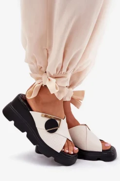 Best Eleganckie Skórzane Klapki Damskie Na Koturnie Z Ozdobą 56C1585 Beżowe Damskie Klapki Na Koturnie|Klapki Damskie Klasyczne