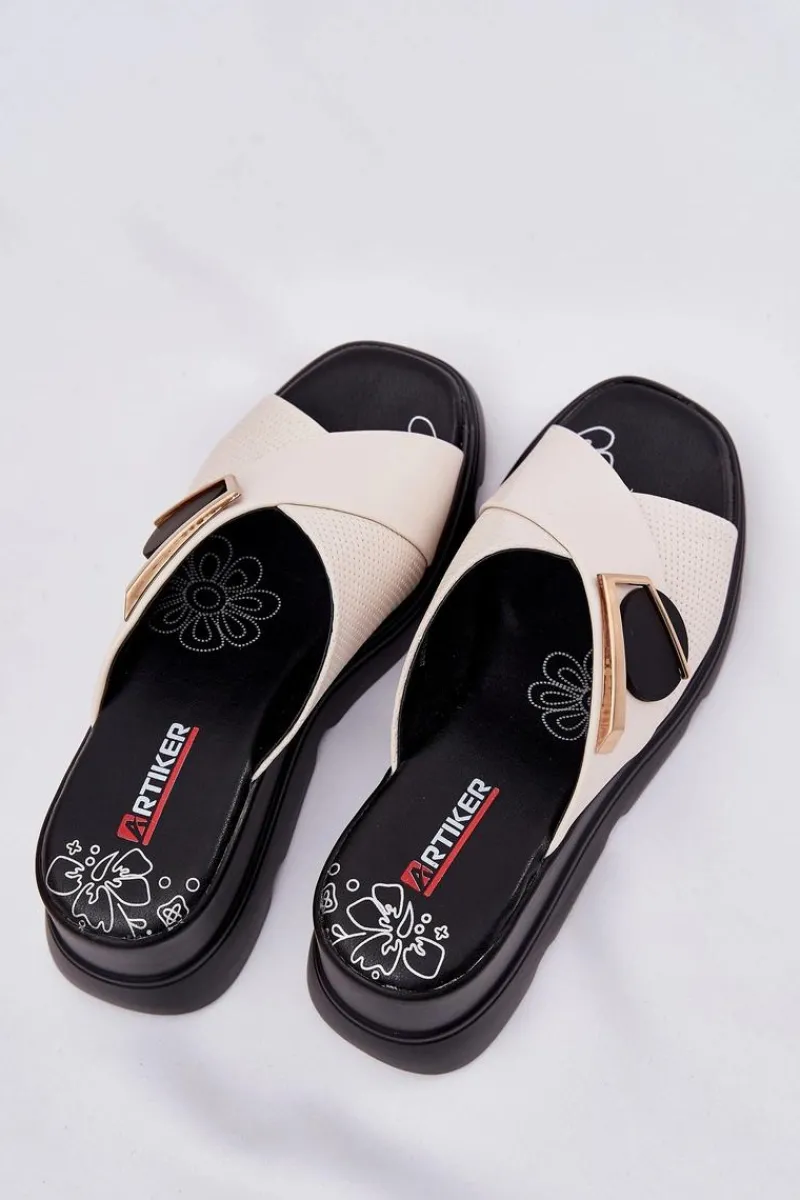 Best Eleganckie Skórzane Klapki Damskie Na Koturnie Z Ozdobą 56C1585 Beżowe Damskie Klapki Na Koturnie|Klapki Damskie Klasyczne