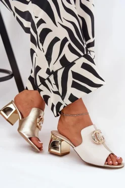 Outlet Laura Messi Eleganckie Skórzane Klapki Na Obcasie 2875 Beżowo-Złote