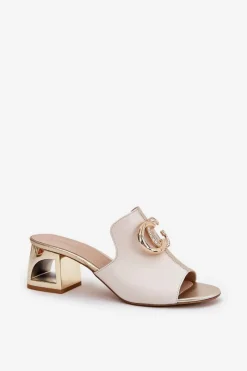 Outlet Laura Messi Eleganckie Skórzane Klapki Na Obcasie 2875 Beżowo-Złote