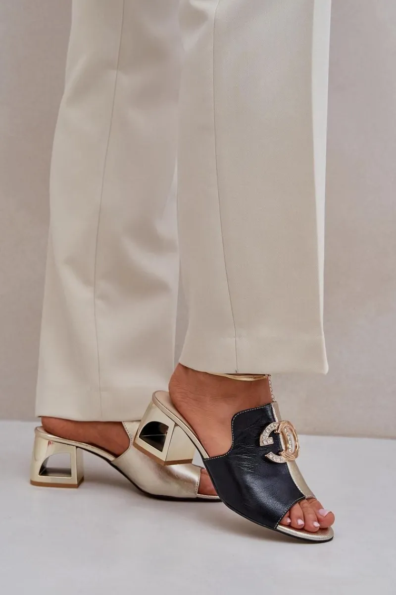 Laura Messi Eleganckie Skórzane Klapki Na Obcasie 2875 Czarno-Złote