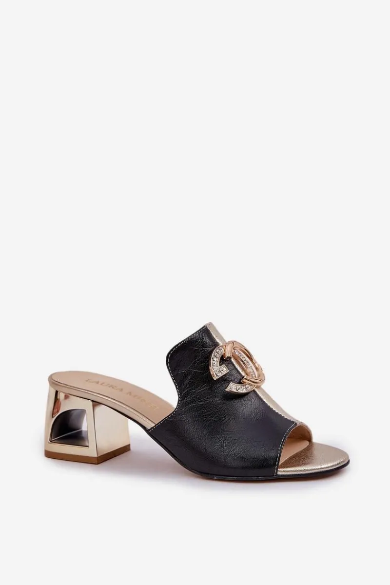 Laura Messi Eleganckie Skórzane Klapki Na Obcasie 2875 Czarno-Złote