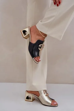Laura Messi Eleganckie Skórzane Klapki Na Obcasie 2875 Czarno-Złote