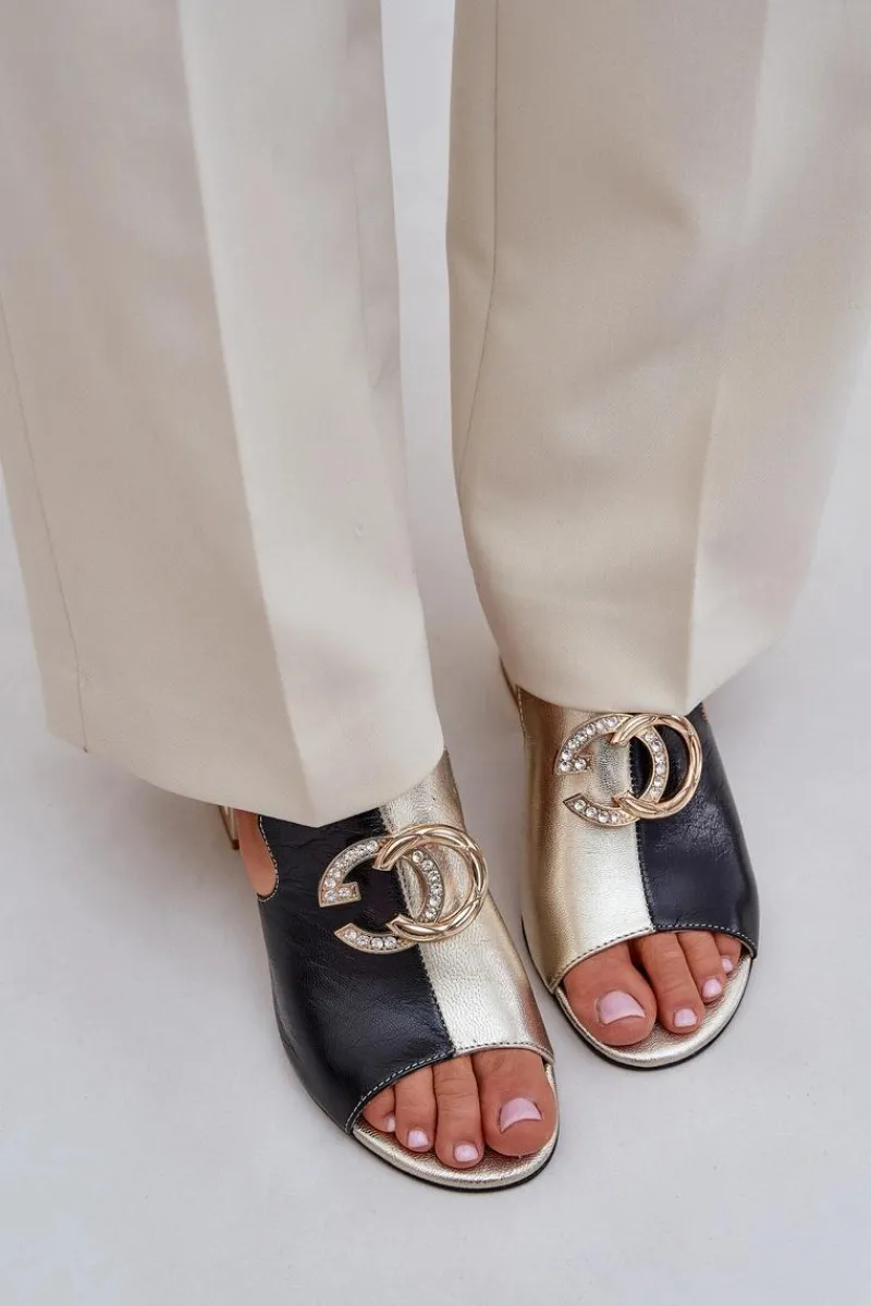 Laura Messi Eleganckie Skórzane Klapki Na Obcasie 2875 Czarno-Złote