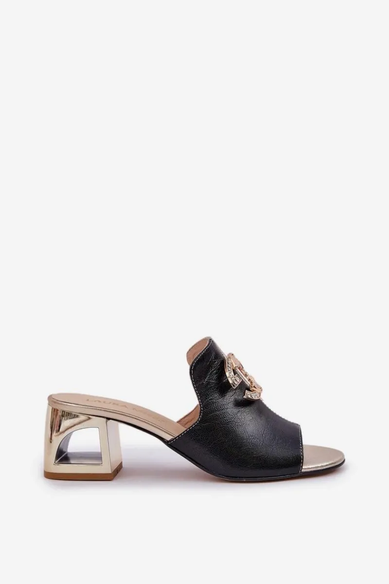 Laura Messi Eleganckie Skórzane Klapki Na Obcasie 2875 Czarno-Złote