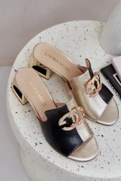 Laura Messi Eleganckie Skórzane Klapki Na Obcasie 2875 Czarno-Złote