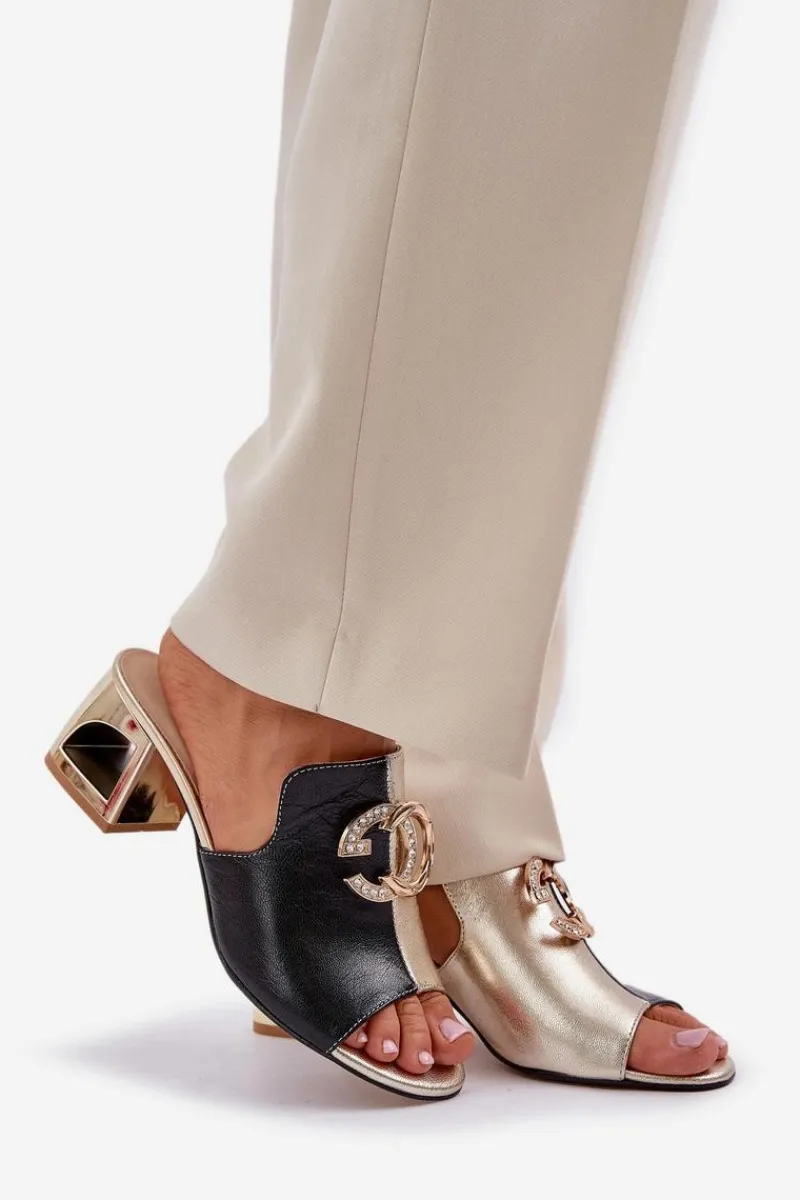 Laura Messi Eleganckie Skórzane Klapki Na Obcasie 2875 Czarno-Złote