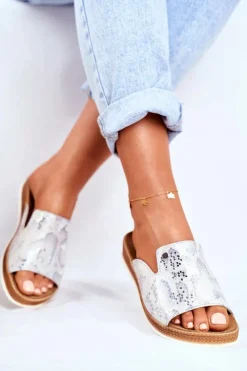 Boto Eleganckie Skórzane Klapki Wzór Zwierzęcy Białe Nicole 2495