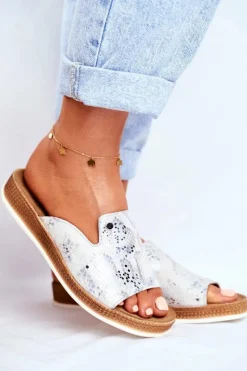 Boto Eleganckie Skórzane Klapki Wzór Zwierzęcy Białe Nicole 2495