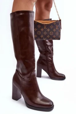 Sale Boto Eleganckie Skórzane Kozaki Przed Kolano Na Słupku Brązowe Felsha