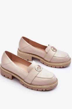 Discount Eleganckie Skórzane Mokasyny Jasnobeżowe Laverne Damskie Mokasyny Damskie Skórzane