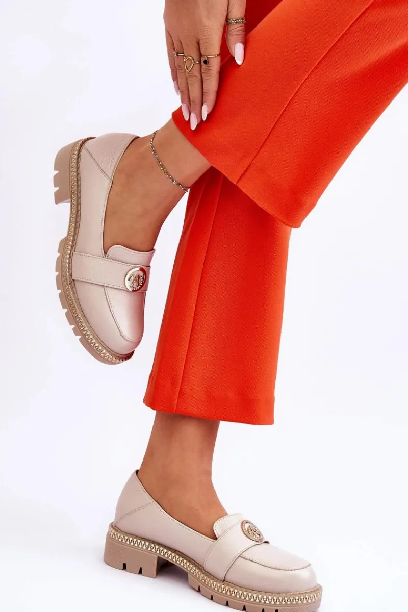 Discount Eleganckie Skórzane Mokasyny Jasnobeżowe Laverne Damskie Mokasyny Damskie Skórzane