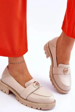 Discount Eleganckie Skórzane Mokasyny Jasnobeżowe Laverne Damskie Mokasyny Damskie Skórzane