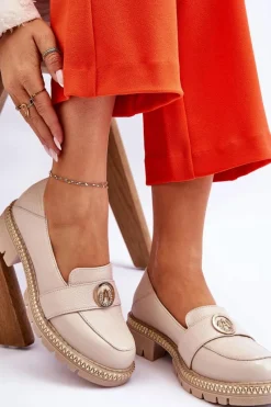 Discount Eleganckie Skórzane Mokasyny Jasnobeżowe Laverne Damskie Mokasyny Damskie Skórzane