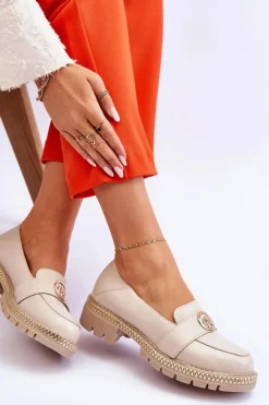 Discount Eleganckie Skórzane Mokasyny Jasnobeżowe Laverne Damskie Mokasyny Damskie Skórzane