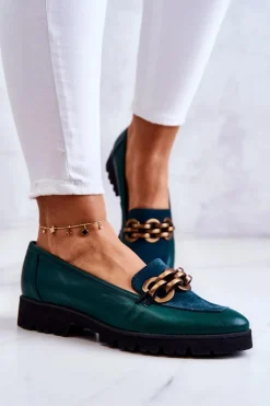 New Eleganckie Skórzane Mokasyny Z Łańcuchem Zielone Geneva Damskie Mokasyny Damskie Skórzane|Mokasyny Damskie Zamszowe