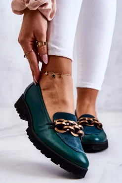 New Eleganckie Skórzane Mokasyny Z Łańcuchem Zielone Geneva Damskie Mokasyny Damskie Skórzane|Mokasyny Damskie Zamszowe