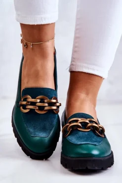 New Eleganckie Skórzane Mokasyny Z Łańcuchem Zielone Geneva Damskie Mokasyny Damskie Skórzane|Mokasyny Damskie Zamszowe