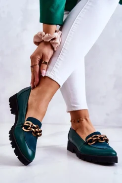 New Eleganckie Skórzane Mokasyny Z Łańcuchem Zielone Geneva Damskie Mokasyny Damskie Skórzane|Mokasyny Damskie Zamszowe