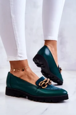 New Eleganckie Skórzane Mokasyny Z Łańcuchem Zielone Geneva Damskie Mokasyny Damskie Skórzane|Mokasyny Damskie Zamszowe