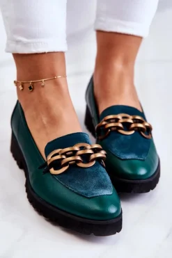 New Eleganckie Skórzane Mokasyny Z Łańcuchem Zielone Geneva Damskie Mokasyny Damskie Skórzane|Mokasyny Damskie Zamszowe