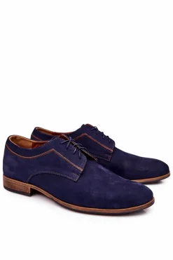 Eleganckie Skórzane Nubuk Półbuty Bednarek 684 Granatowe Męskie Bednarek Polish Shoes|Półbuty Eleganckie