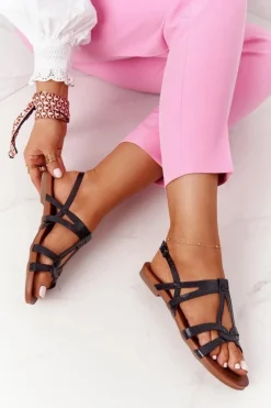 Sandały Płaskie></noscript>Damskie buty S.Barski Eleganckie Skórzane Sandały S.Barski 541-A1 Czarne