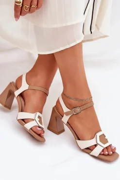 Online Eleganckie Skórzane Sandały Damskie Na Słupku D&A MR38-570 Beżowe Damskie Sandały Na Słupku|Sandały Na Obcasie