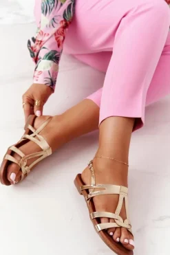 Best Eleganckie Skórzane Sandały S.Barski 541-A1 Złote Damskie Sandały Płaskie