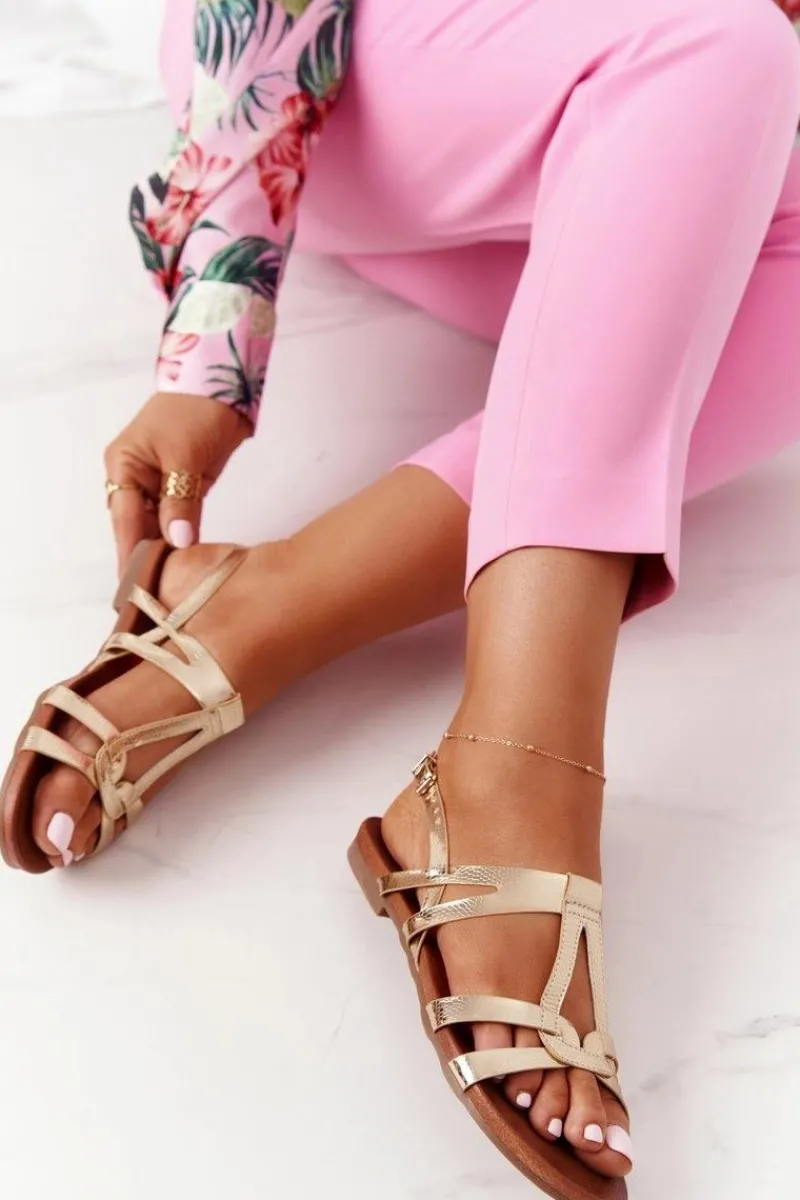 Best Eleganckie Skórzane Sandały S.Barski 541-A1 Złote Damskie Sandały Płaskie