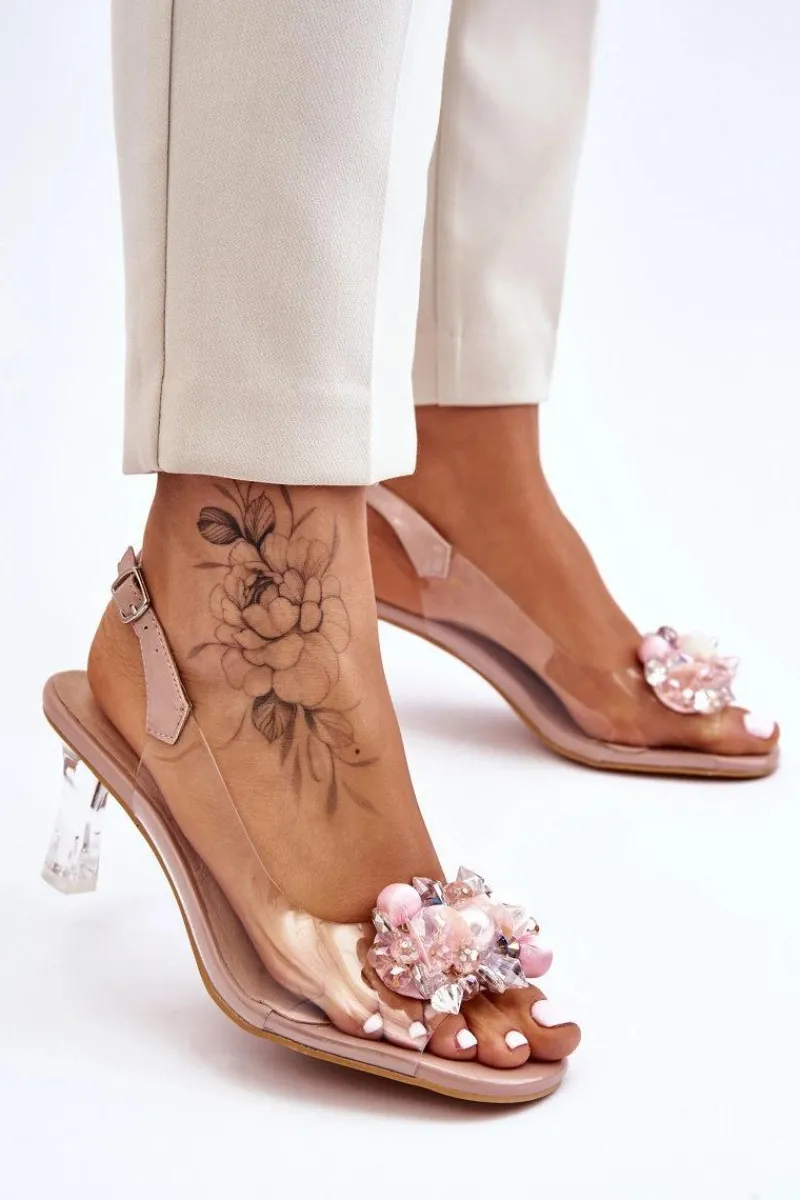 Sandały Na Obcasie>Damskie buty S.Barski Eleganckie Transparentne Sandały Z Ozdobą Nude Lilah