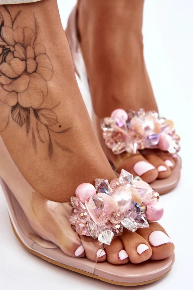Sandały Na Obcasie>Damskie buty S.Barski Eleganckie Transparentne Sandały Z Ozdobą Nude Lilah