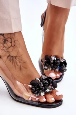 Sale Damskie buty S.Barski Eleganckie Transparentne Sandały Z Ozdobą Czarne Lilah