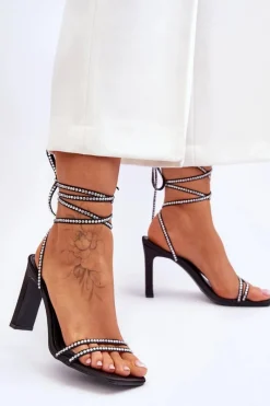 Eleganckie Wiązane Sandały Z Dżetami Czarne Nessy Damskie Sandały Na Obcasie