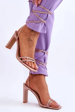 Outlet Eleganckie Wiązane Sandały Z Dżetami Nude Nessy Damskie Sandały Na Obcasie