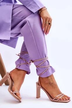 Outlet Eleganckie Wiązane Sandały Z Dżetami Nude Nessy Damskie Sandały Na Obcasie