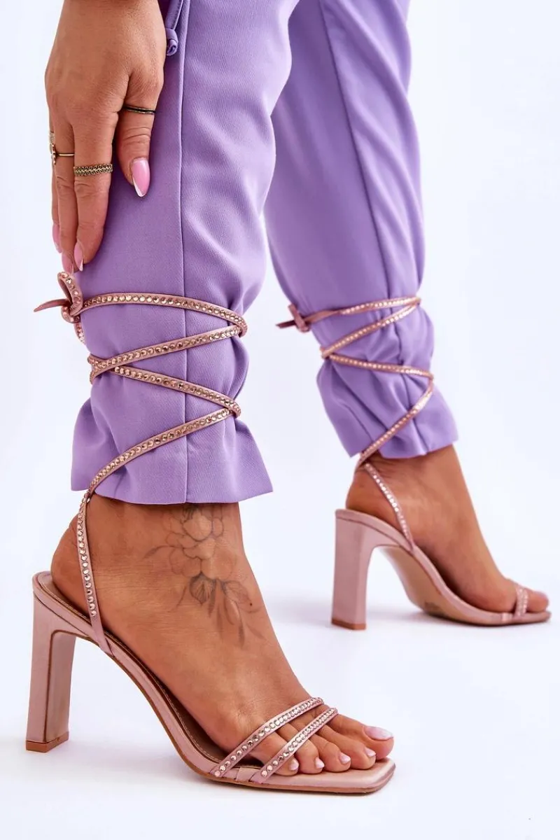 Outlet Eleganckie Wiązane Sandały Z Dżetami Nude Nessy Damskie Sandały Na Obcasie