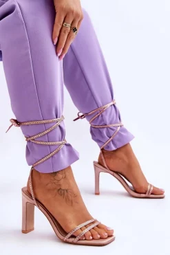 Outlet Eleganckie Wiązane Sandały Z Dżetami Nude Nessy Damskie Sandały Na Obcasie