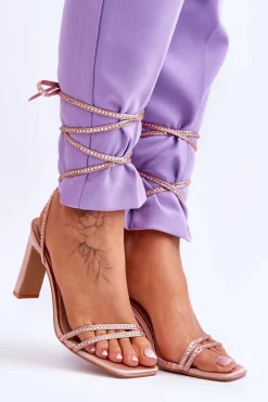 Outlet Eleganckie Wiązane Sandały Z Dżetami Nude Nessy Damskie Sandały Na Obcasie