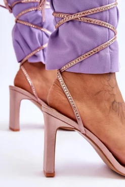 Outlet Eleganckie Wiązane Sandały Z Dżetami Nude Nessy Damskie Sandały Na Obcasie