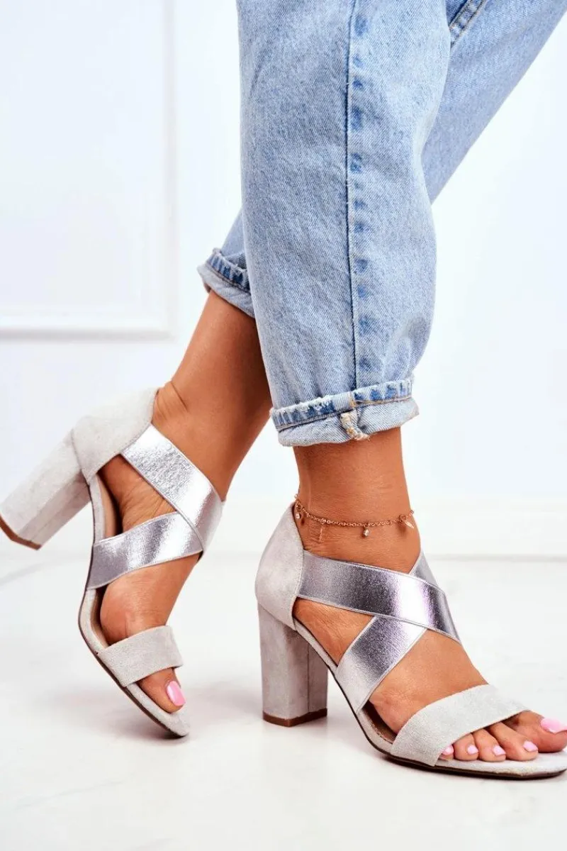 Best Eleganckie Wsuwane Sandały Na Słupku Szaro-Srebrne Varina Damskie Sandały Na Obcasie